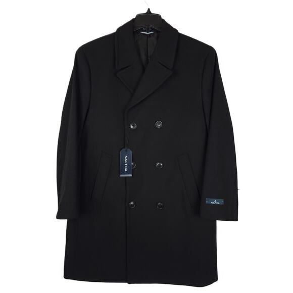 Nautica Mens Classic Fit Overcoat 40L Black Solid Wool Blend Double Breasted NWT